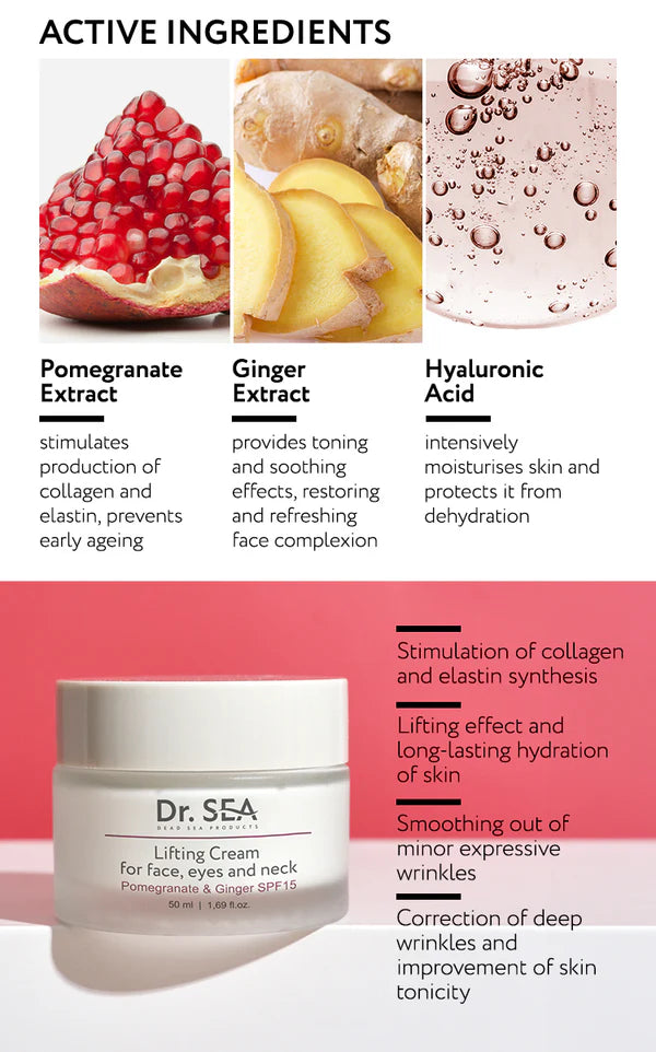 Moisturizing and Firming Facial, Eye and Neck Skin Cream with Pomegranate and Ginger Extracts SPF 15 - SeasideSPA