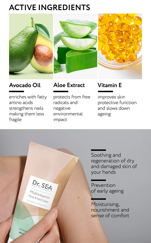 Multi-Vitamin Nourishing Hand and Nails Cream with Avocado and Olive Oils - SeasideSPA
