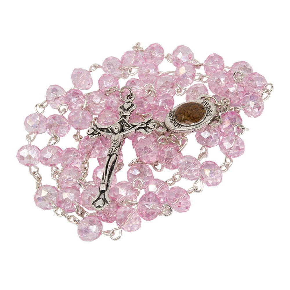 Pink Crystal Rosary Beads with Crucifix & Holy Soil – Jerusalem - SeasideSPA