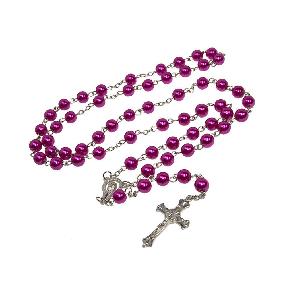 Red Rose Glass Pearl Rosary Beads with Crucifix Prayer Necklace - SeasideSPA