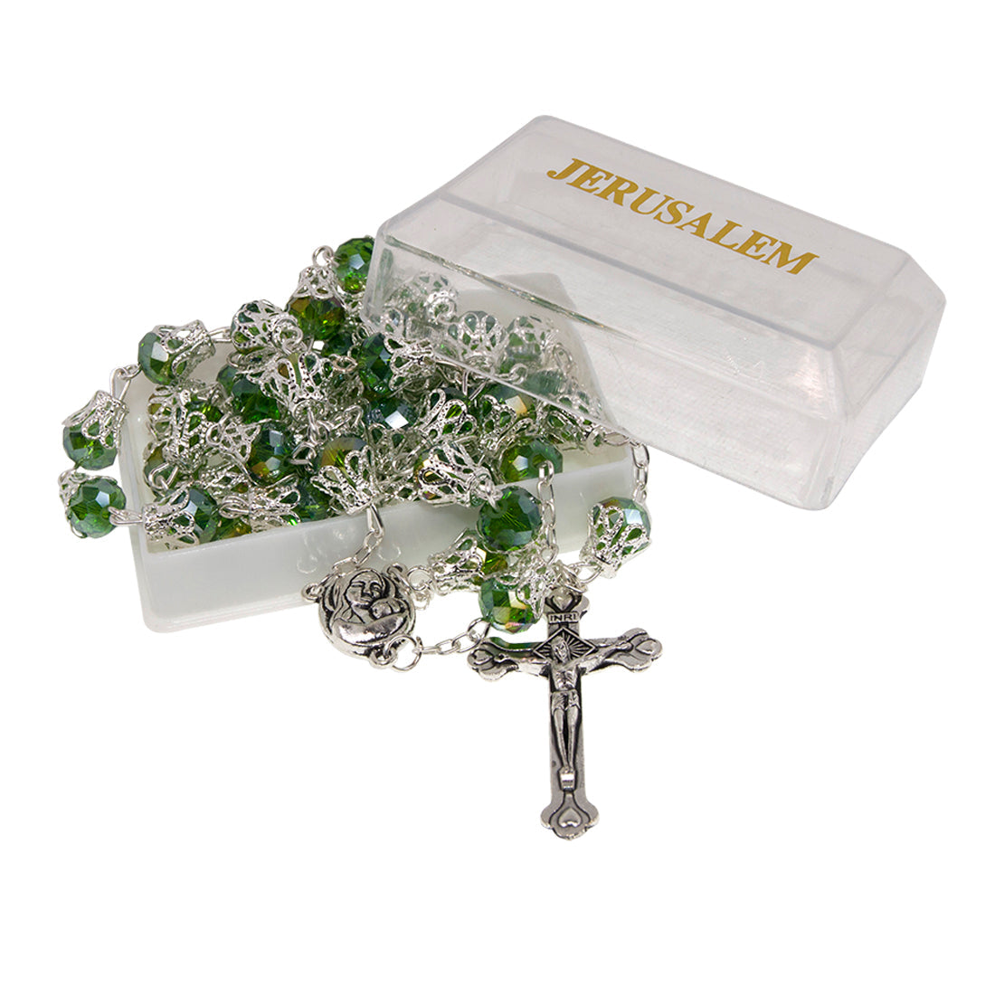 Silver Green Crystal Rosary Beads with Crucifix – Holy Soil Jerusalem - SeasideSPA