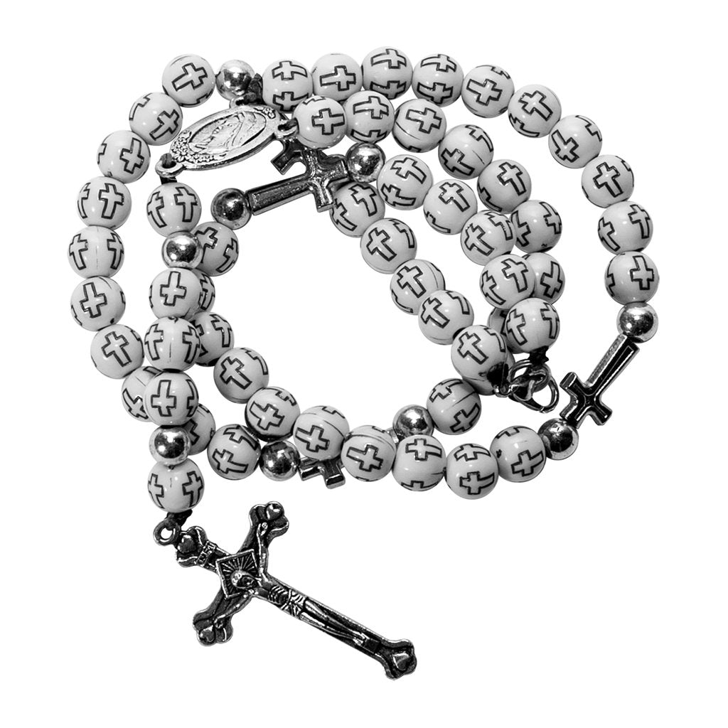 Catholic White Rosary Pendant with Cross & Holy Soil – Jerusalem Rosary - SeasideSPA