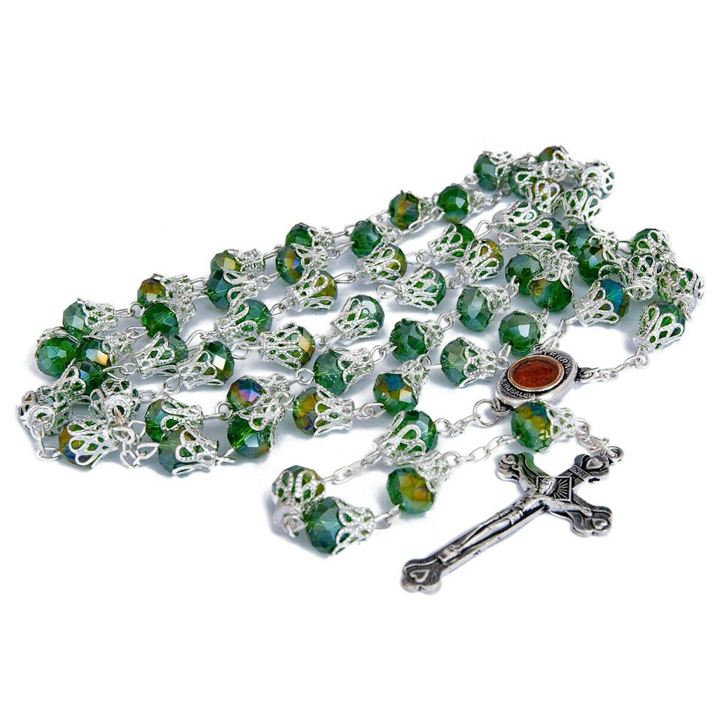 Silver Green Crystal Rosary Beads with Crucifix – Holy Soil Jerusalem - SeasideSPA