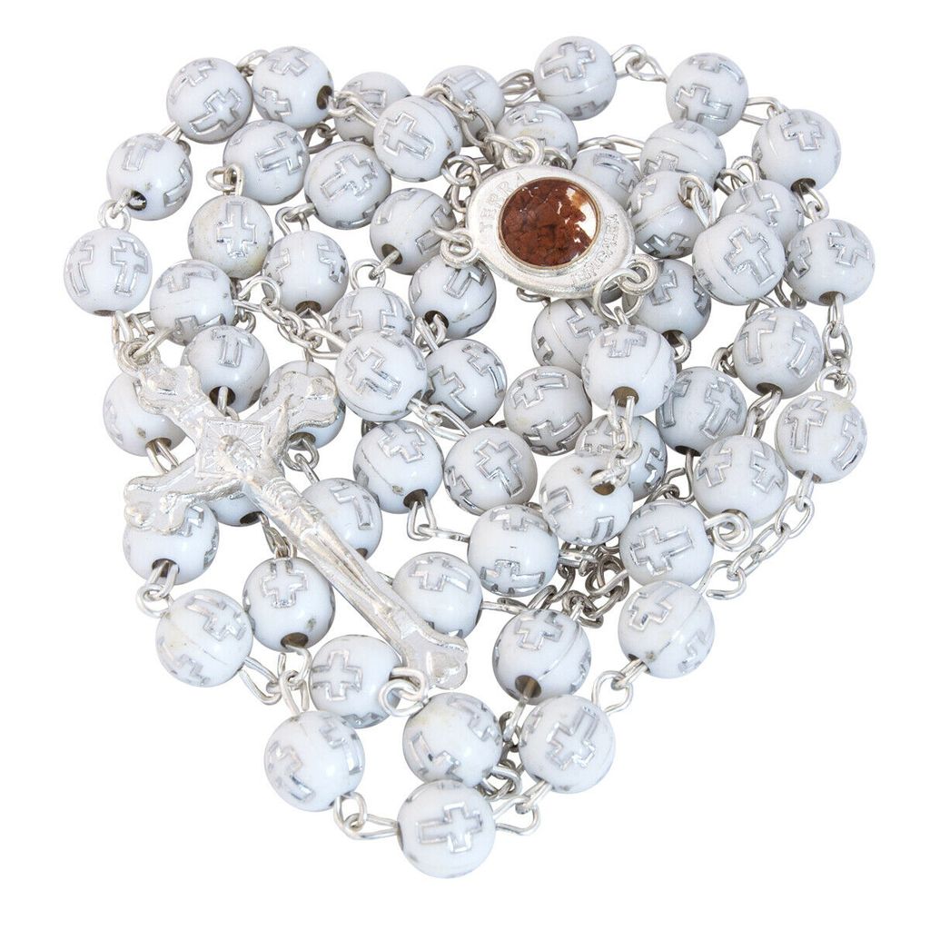 White Rosary Beads with Cross & Holy Soil from Jerusalem - SeasideSPA