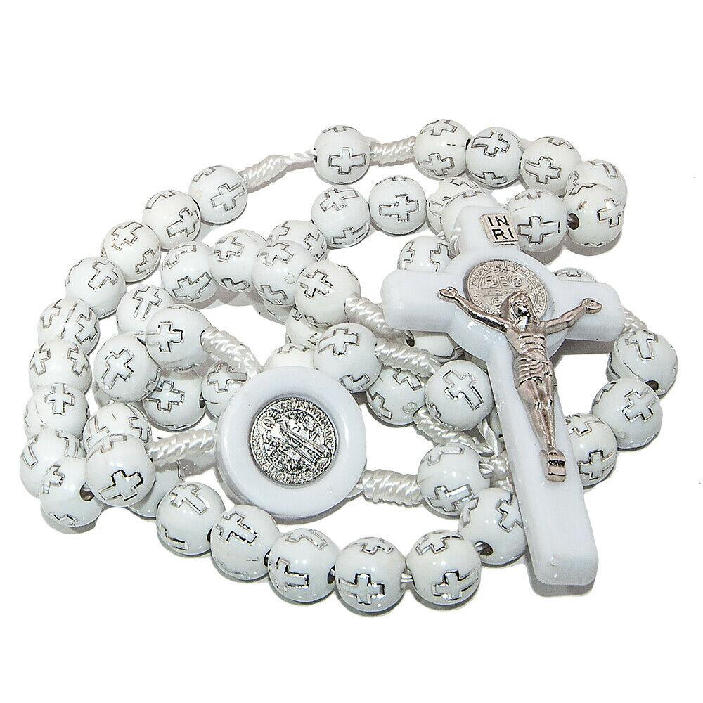 White Saint Benedict Rosary Beads with Cross - SeasideSPA