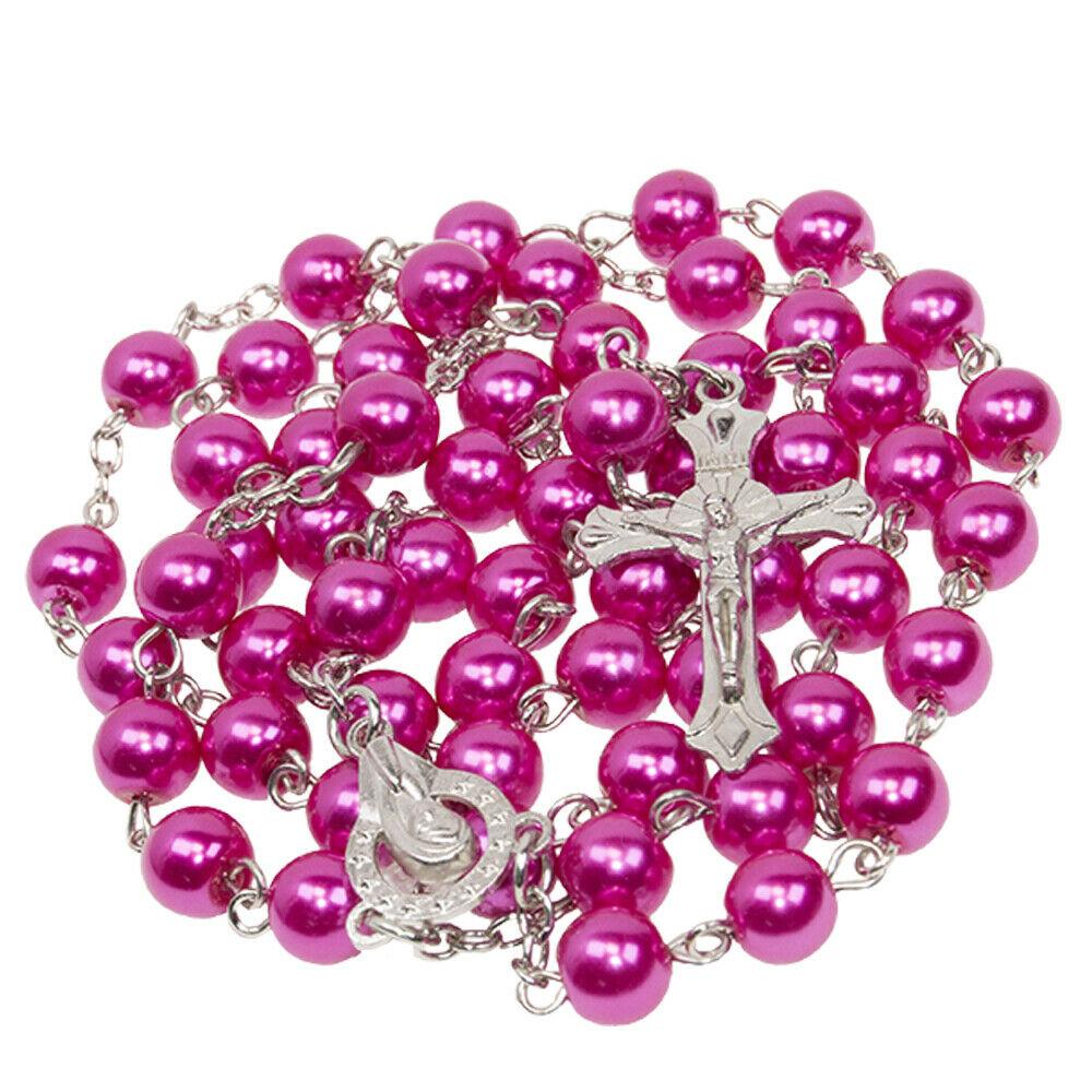 Red Rose Glass Pearl Rosary Beads with Crucifix Prayer Necklace - SeasideSPA