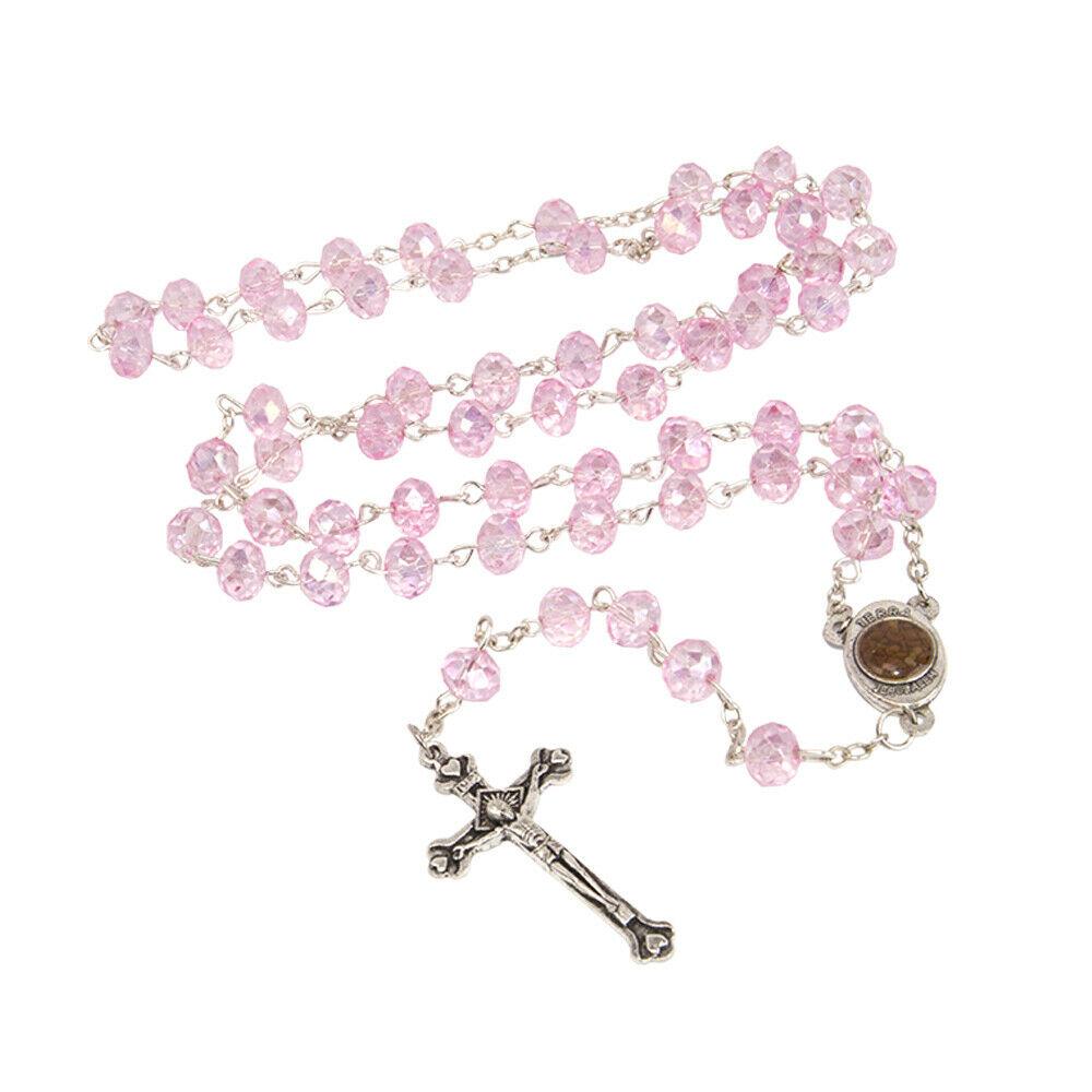 Pink Crystal Rosary Beads with Crucifix & Holy Soil – Jerusalem - SeasideSPA