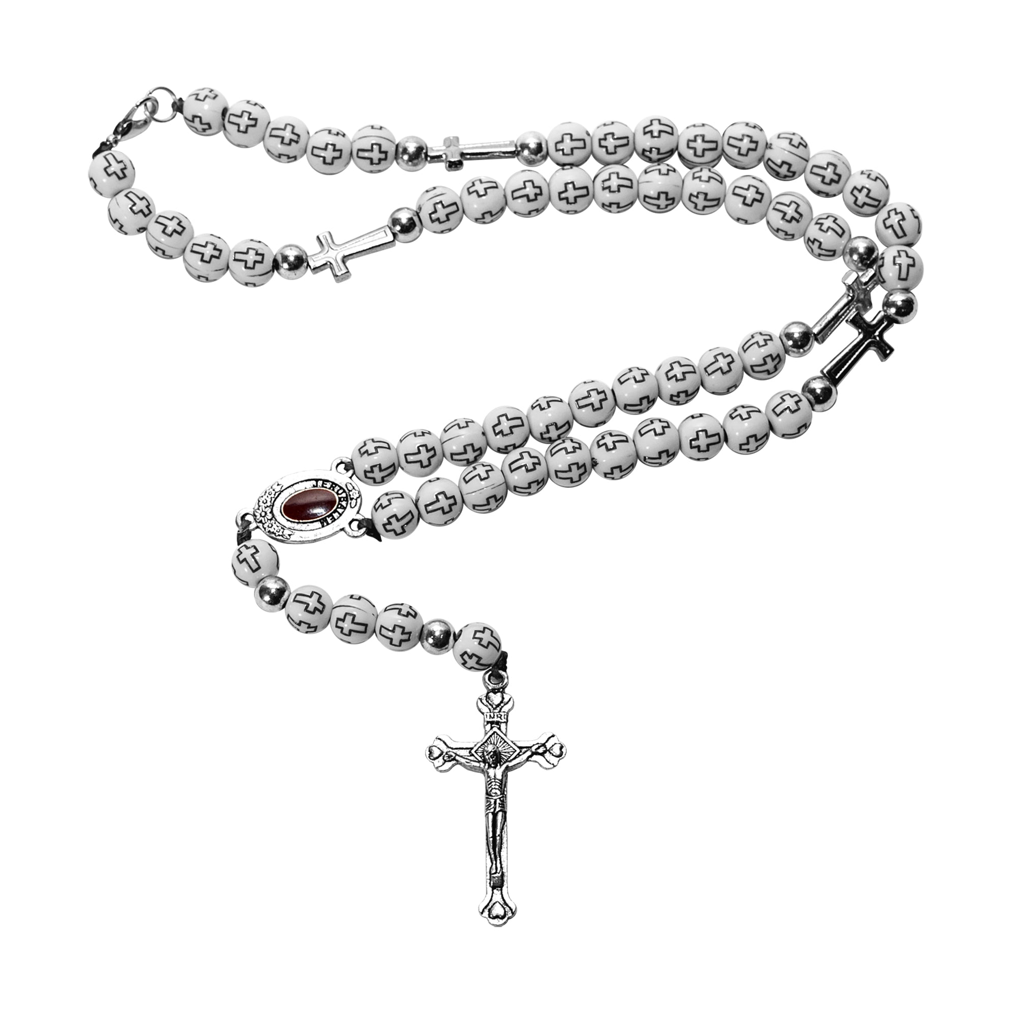 Catholic White Rosary Pendant with Cross & Holy Soil – Jerusalem Rosary - SeasideSPA