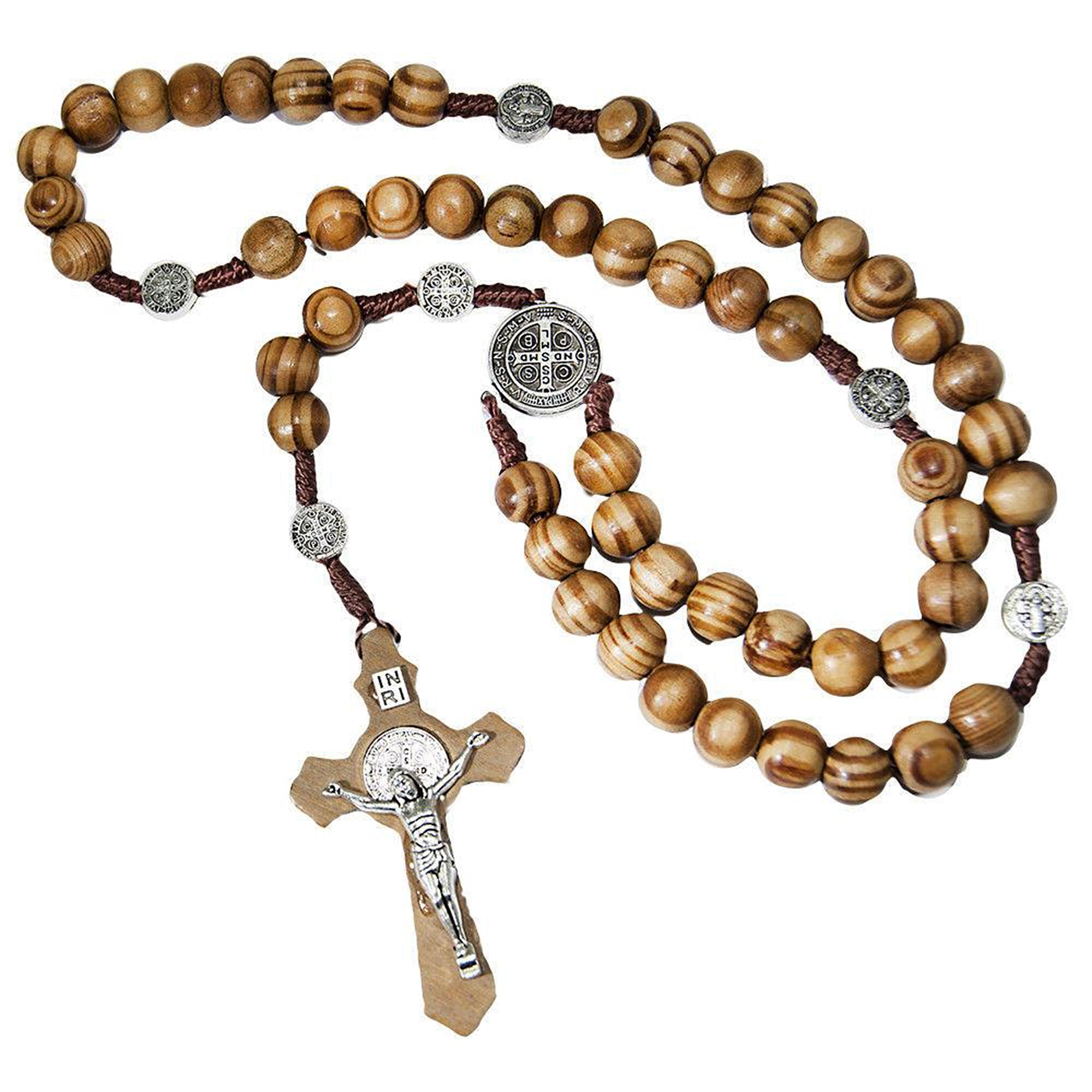 Olive Wood St Benedict Crucifix Rosary Necklace - SeasideSPA