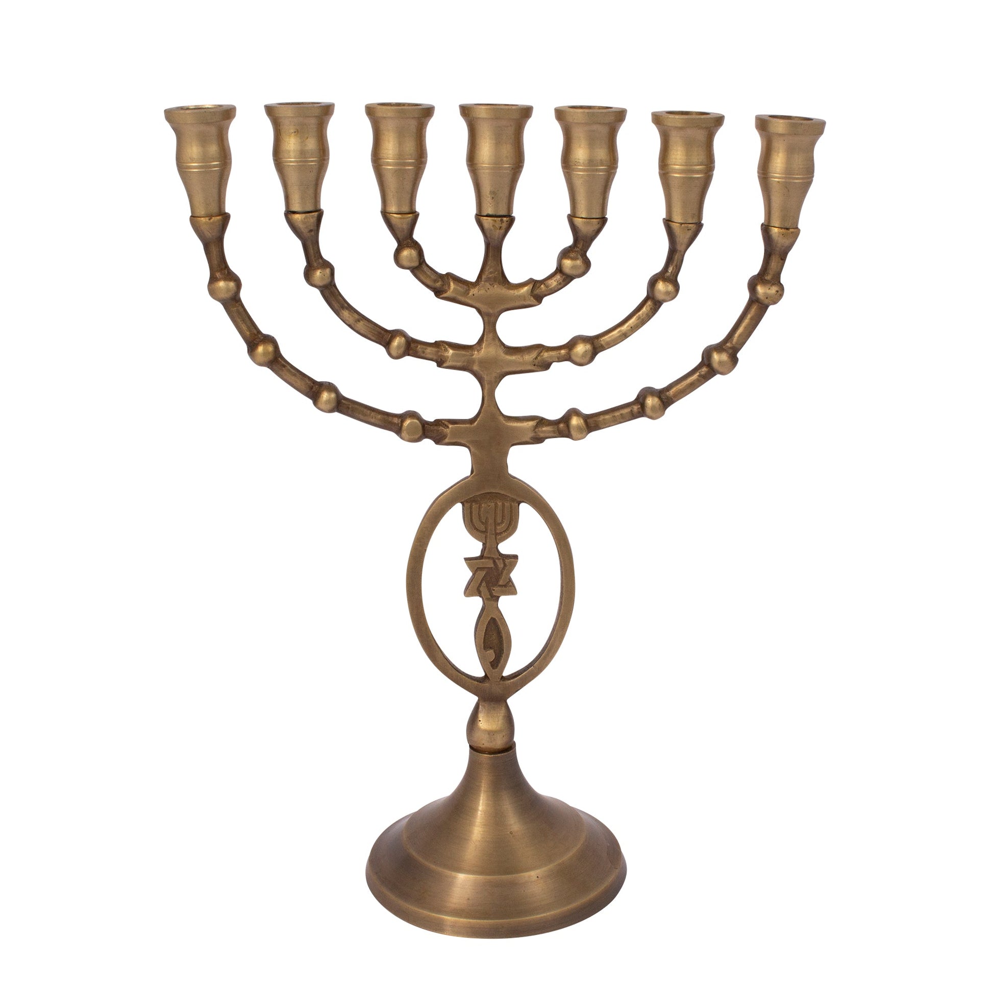 Oval Messianic Symbol Bronze Menorah – 8 Inch Hanukkah Candle Holder - SeasideSPA