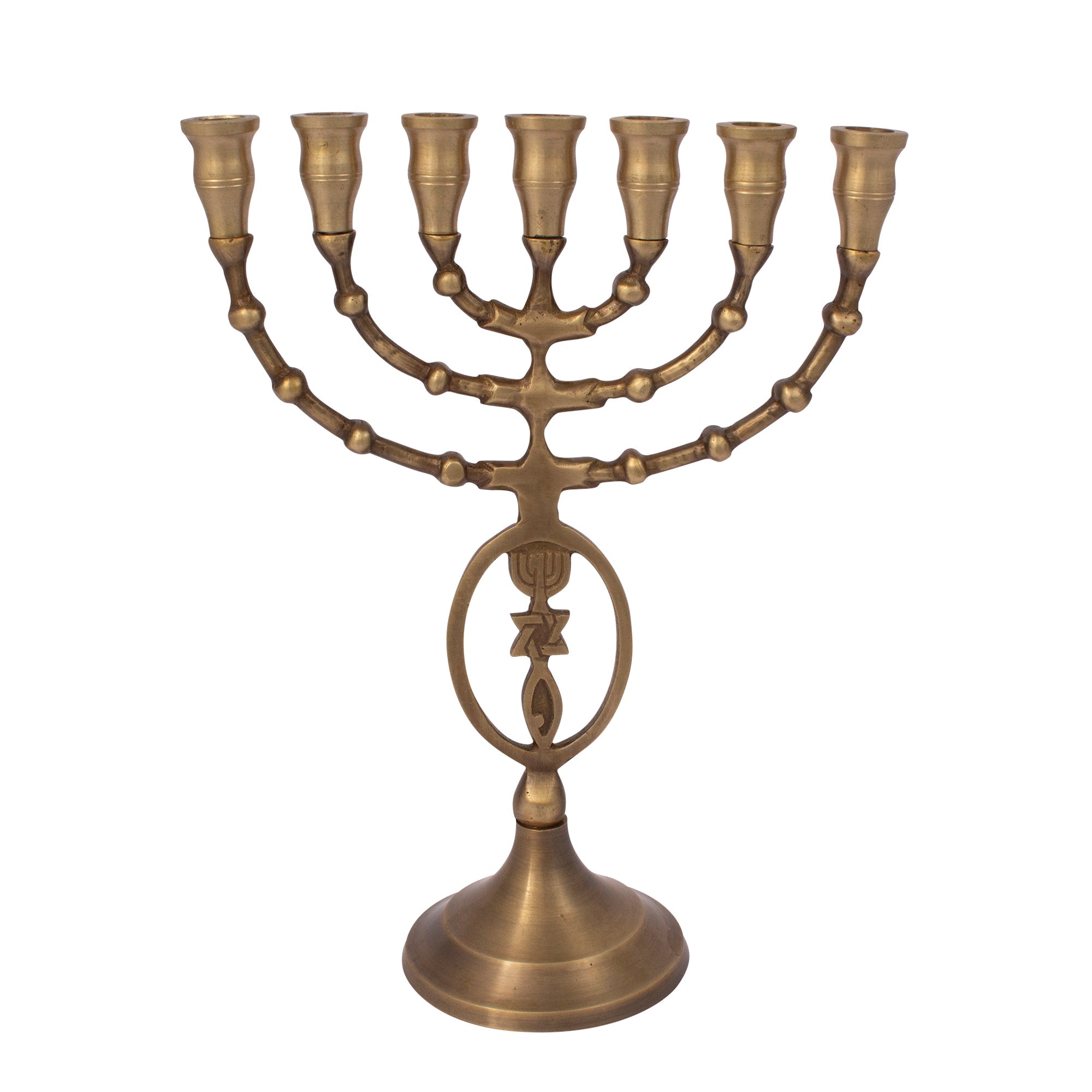 Oval Messianic Symbol Bronze Menorah – 8 Inch Hanukkah Candle Holder - SeasideSPA