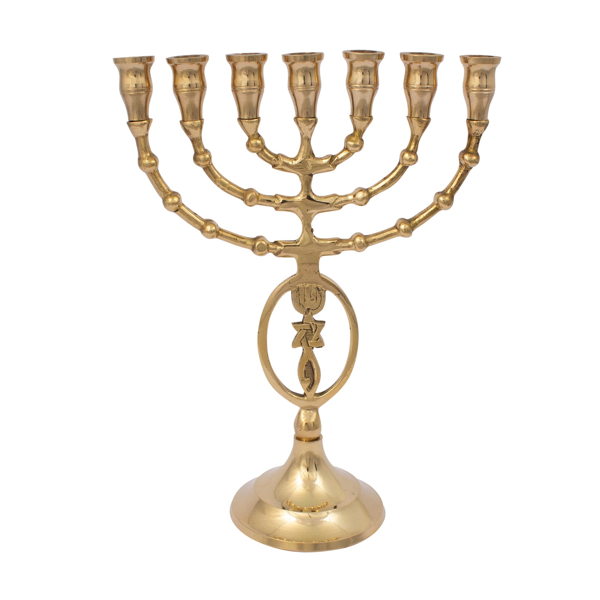Oval Messianic Symbol Brass Menorah – 8 Inch Jewish Candle Holder - SeasideSPA