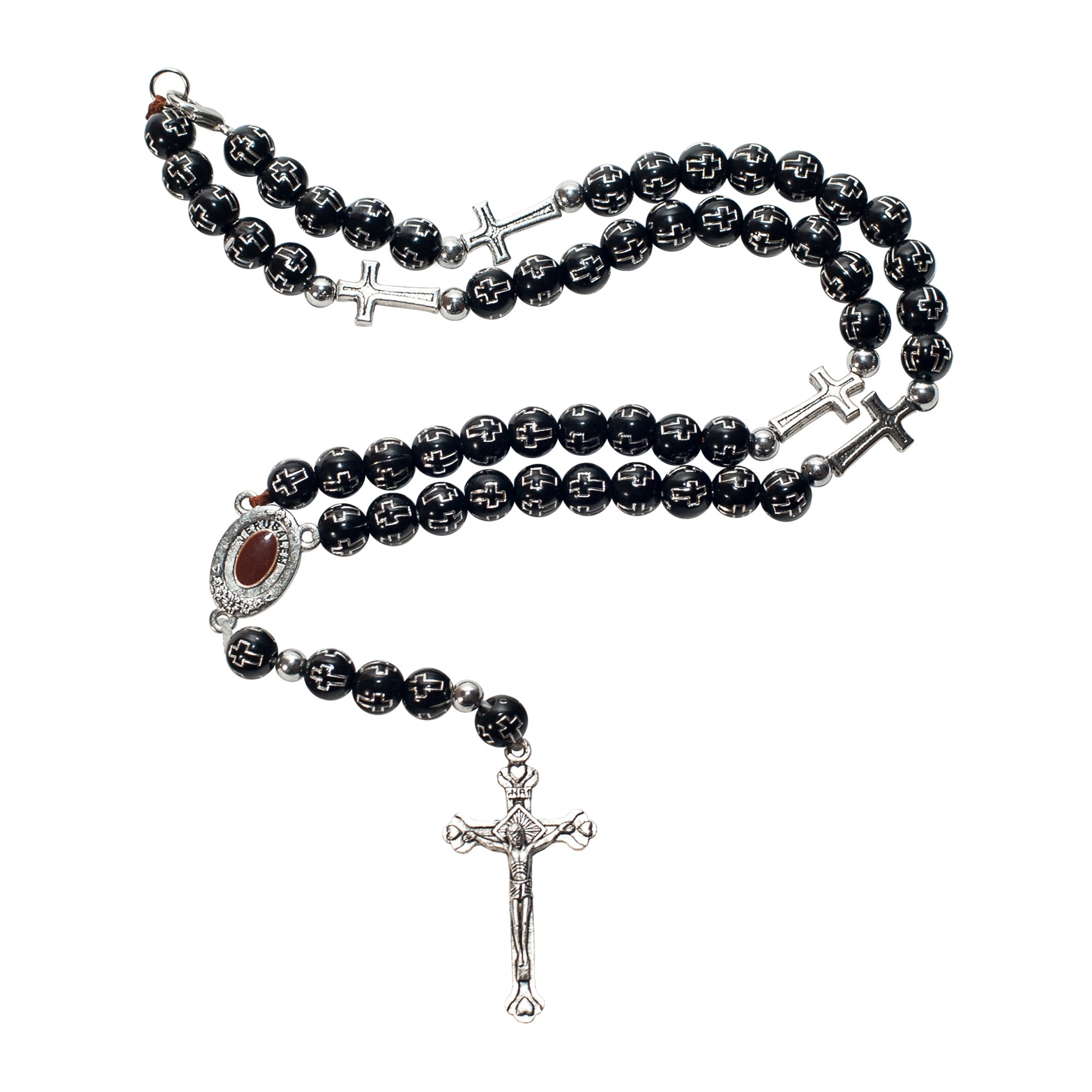 Black Catholic Rosary Beads with Cross & Holy Soil from Jerusalem - SeasideSPA