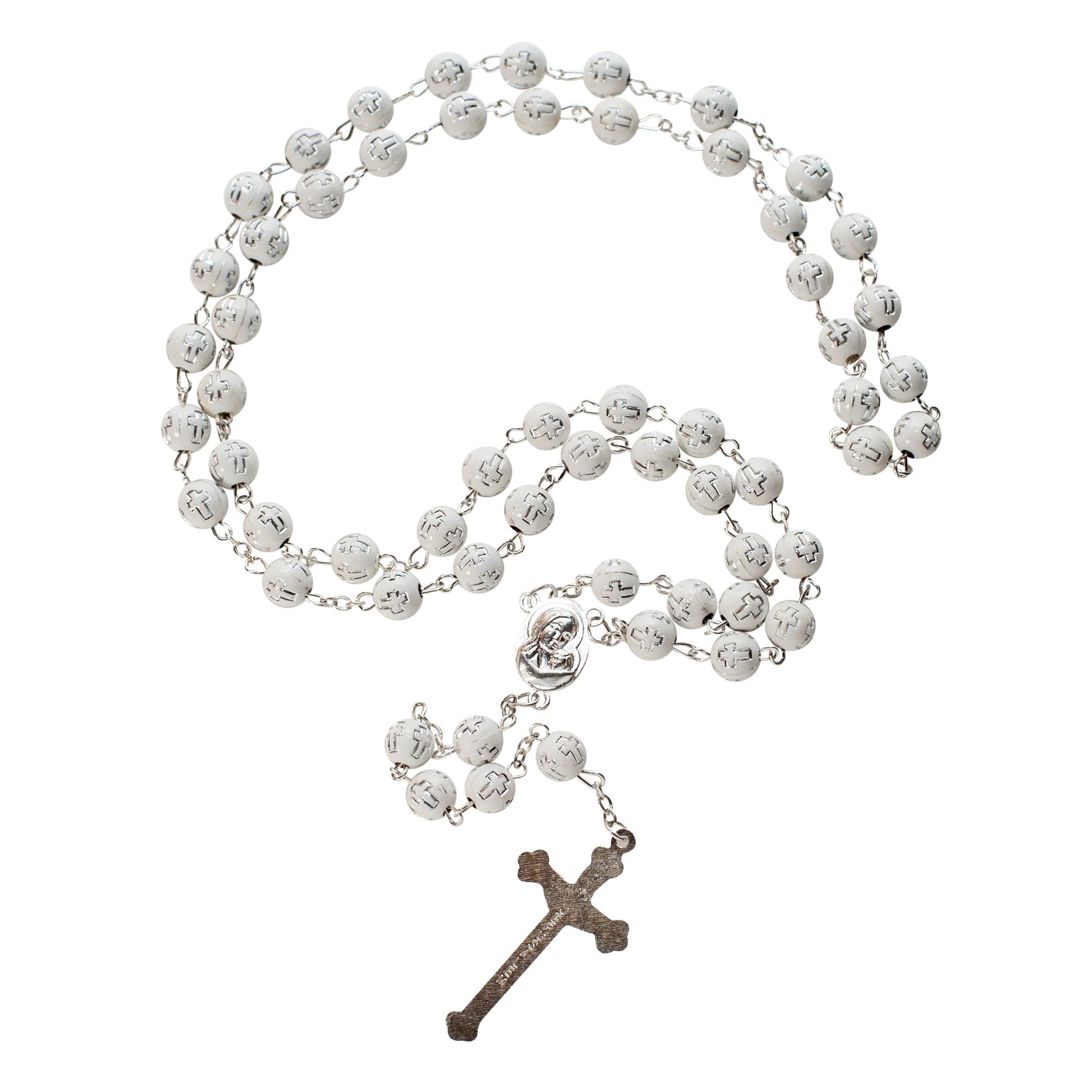 White Rosary Beads with Cross & Holy Soil from Jerusalem - SeasideSPA