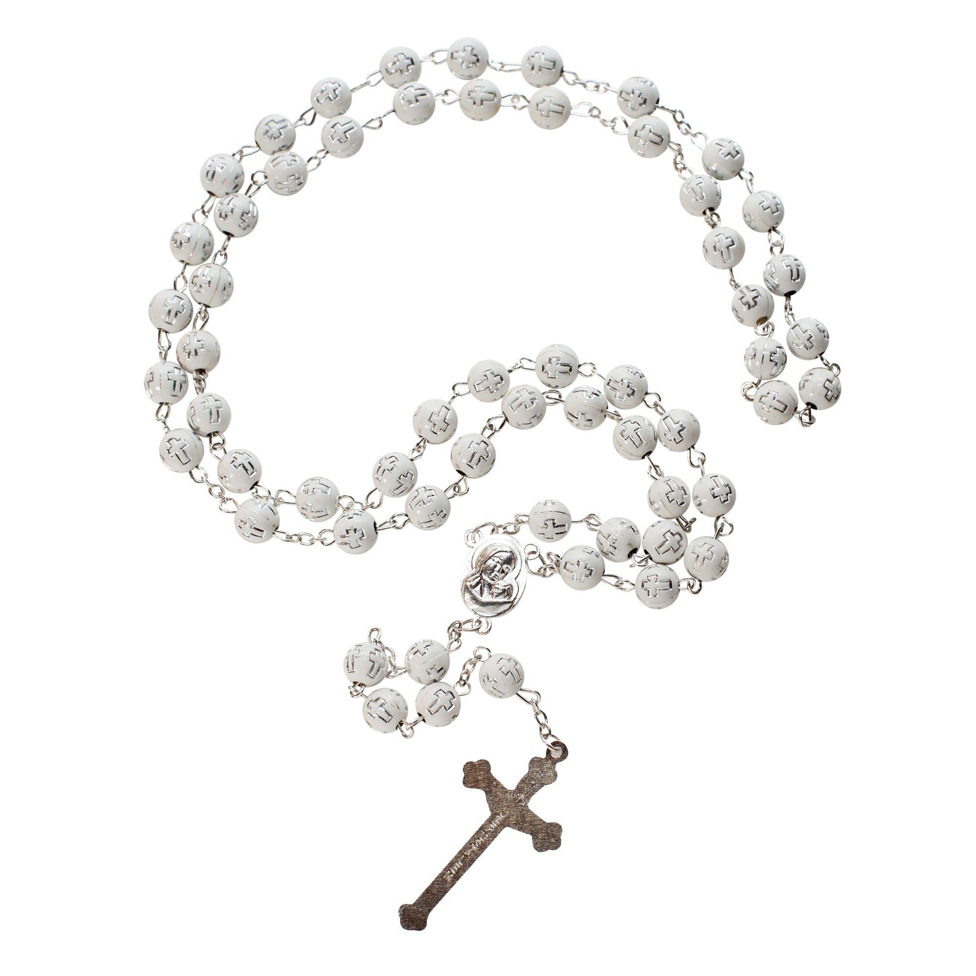 White Rosary Beads with Cross & Holy Soil from Jerusalem - SeasideSPA