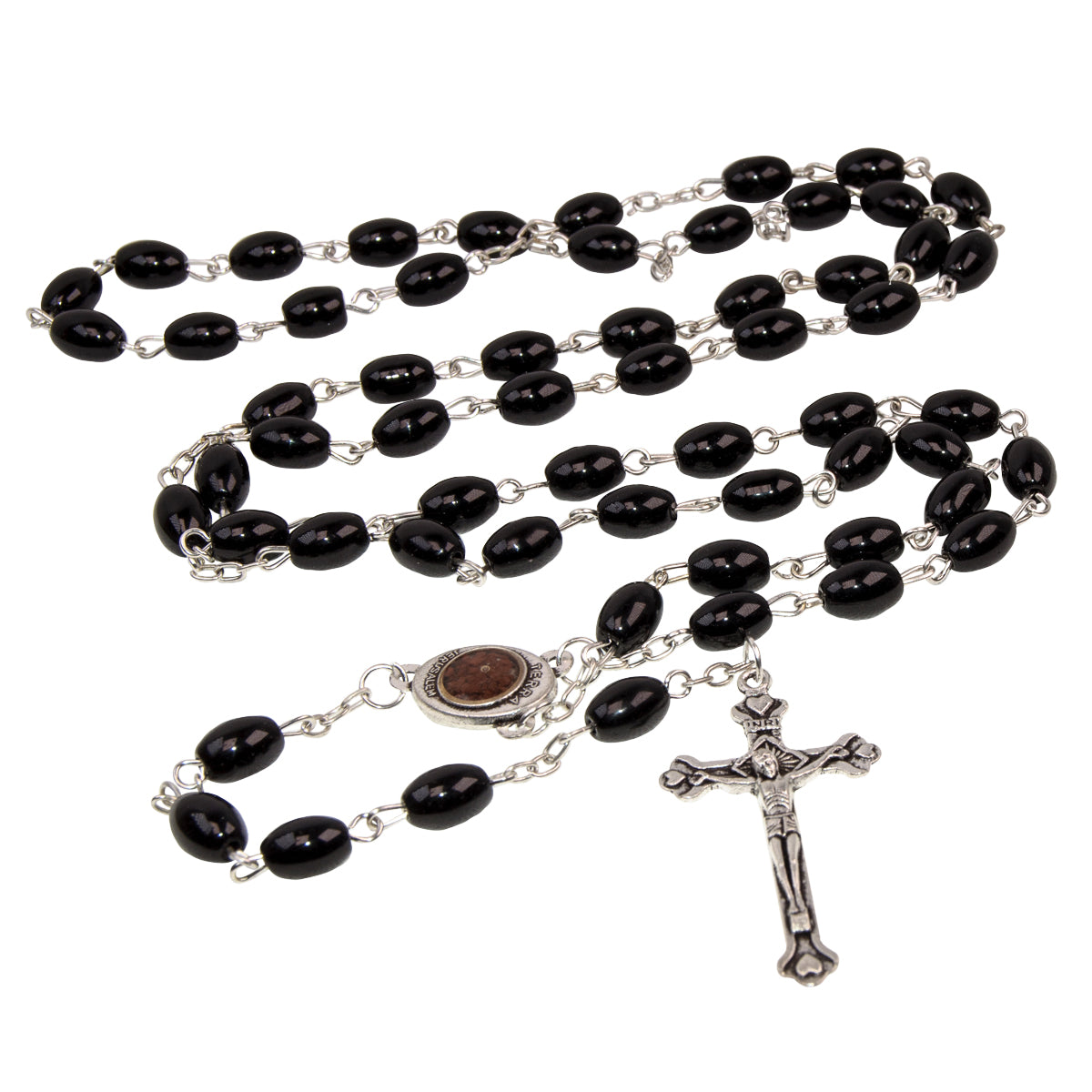INRI Black Crystal Rosary Prayer Necklace with Crucifix - SeasideSPA