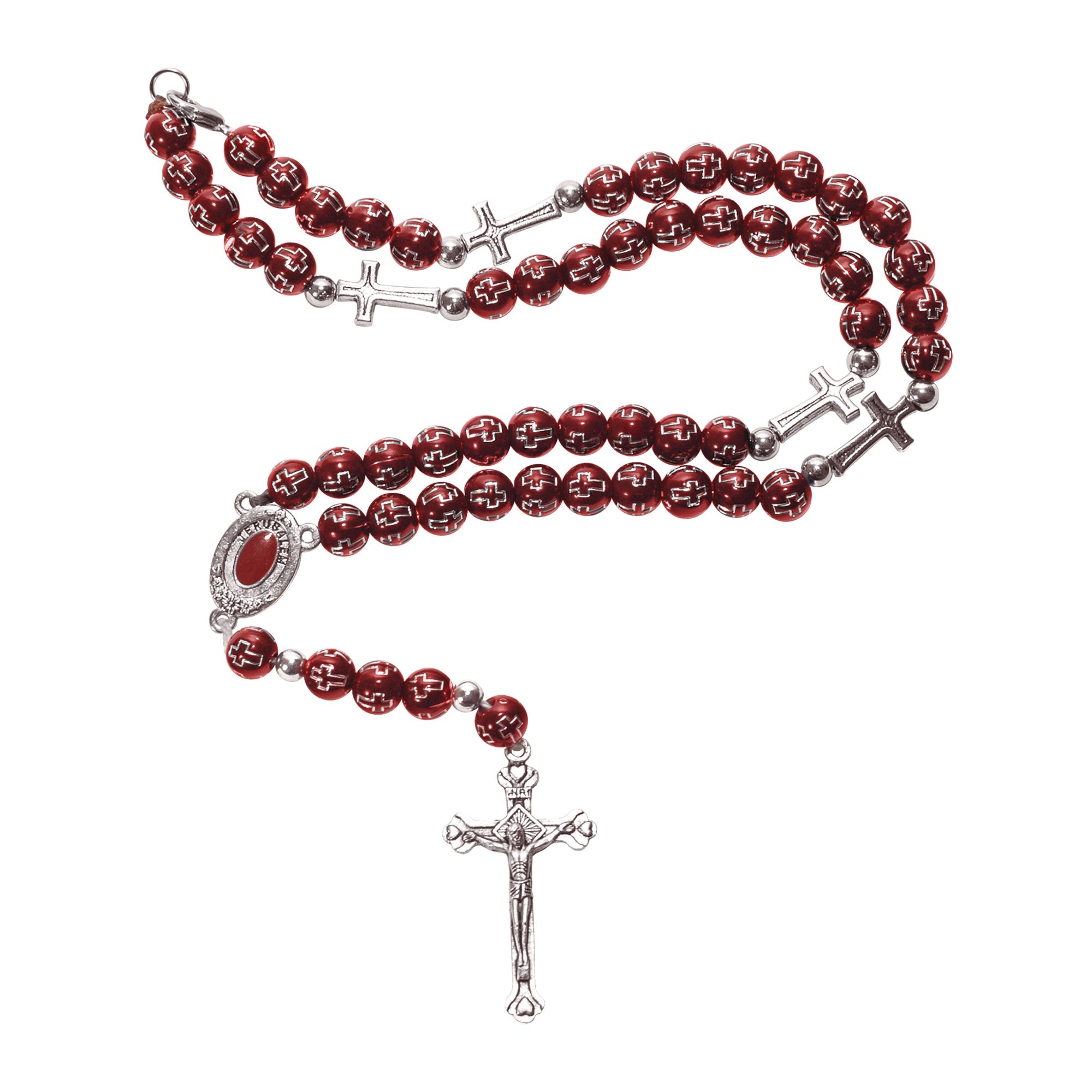 Red Catholic Rosary Beads with Cross & Holy Soil from Jerusalem - SeasideSPA