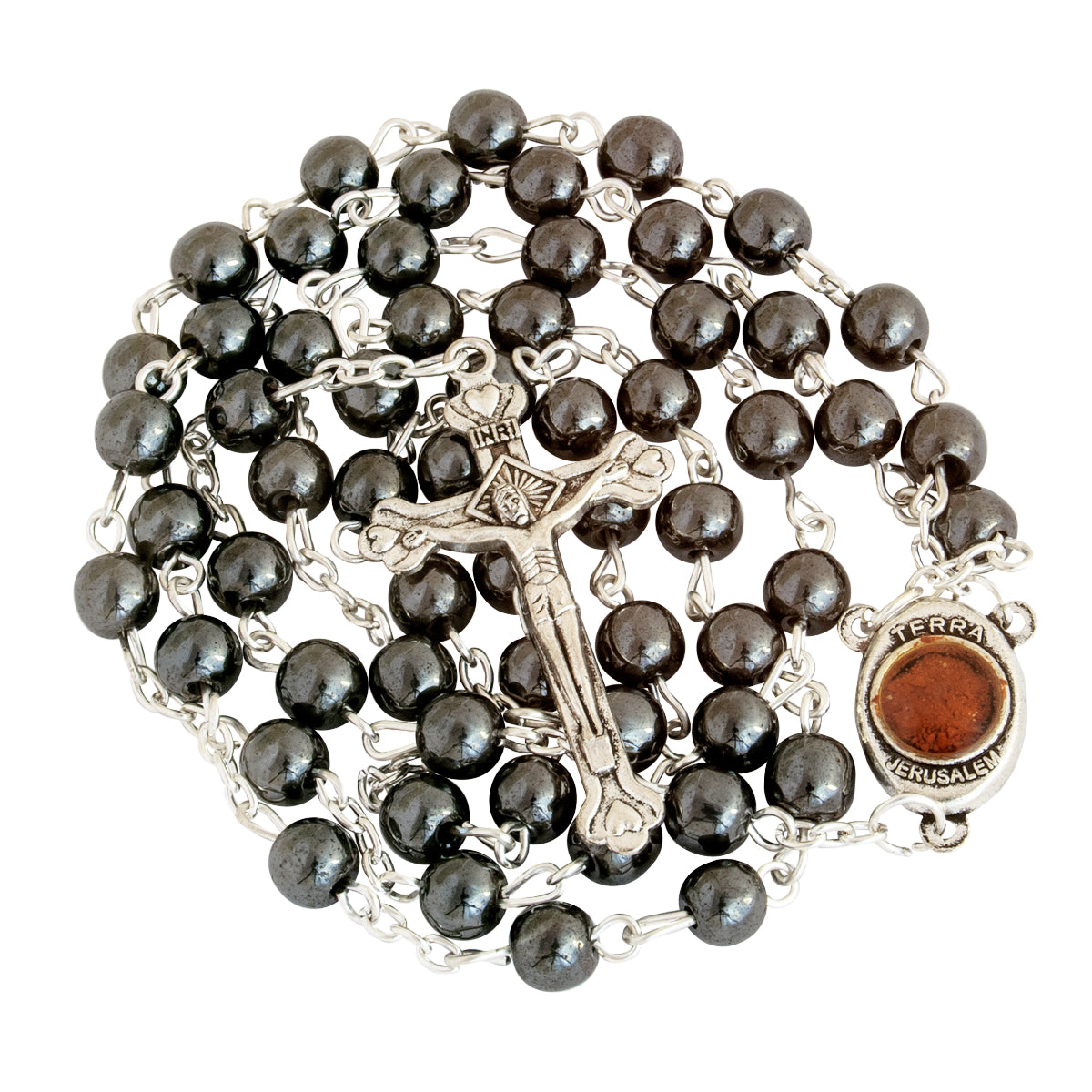Hematite Rosary Prayer Beads with Crucifix & Holy Soil from Jerusalem - SeasideSPA