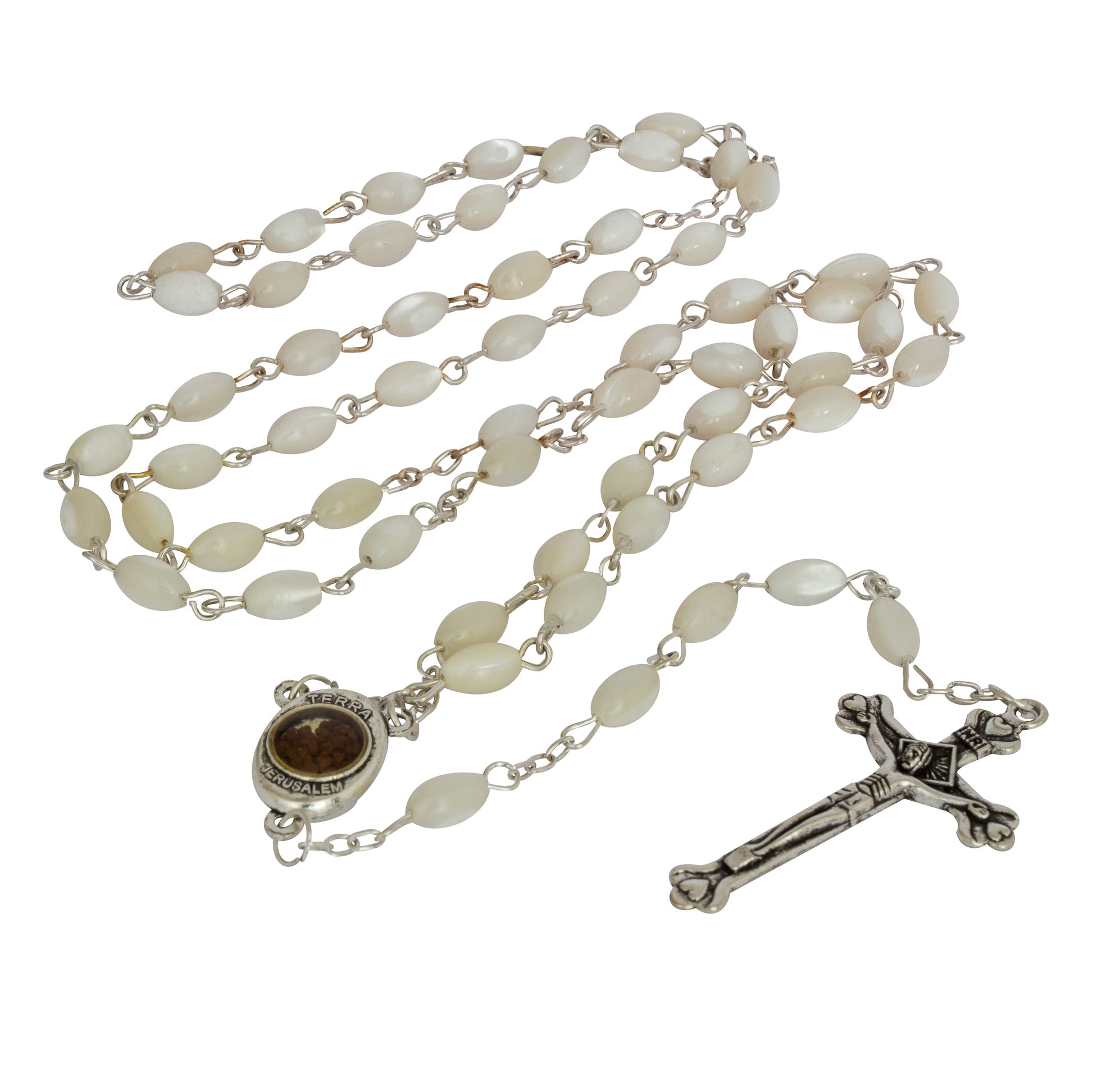 White Pearl Catholic Rosary Beads with Crucifix – Holy Land Rosary - SeasideSPA