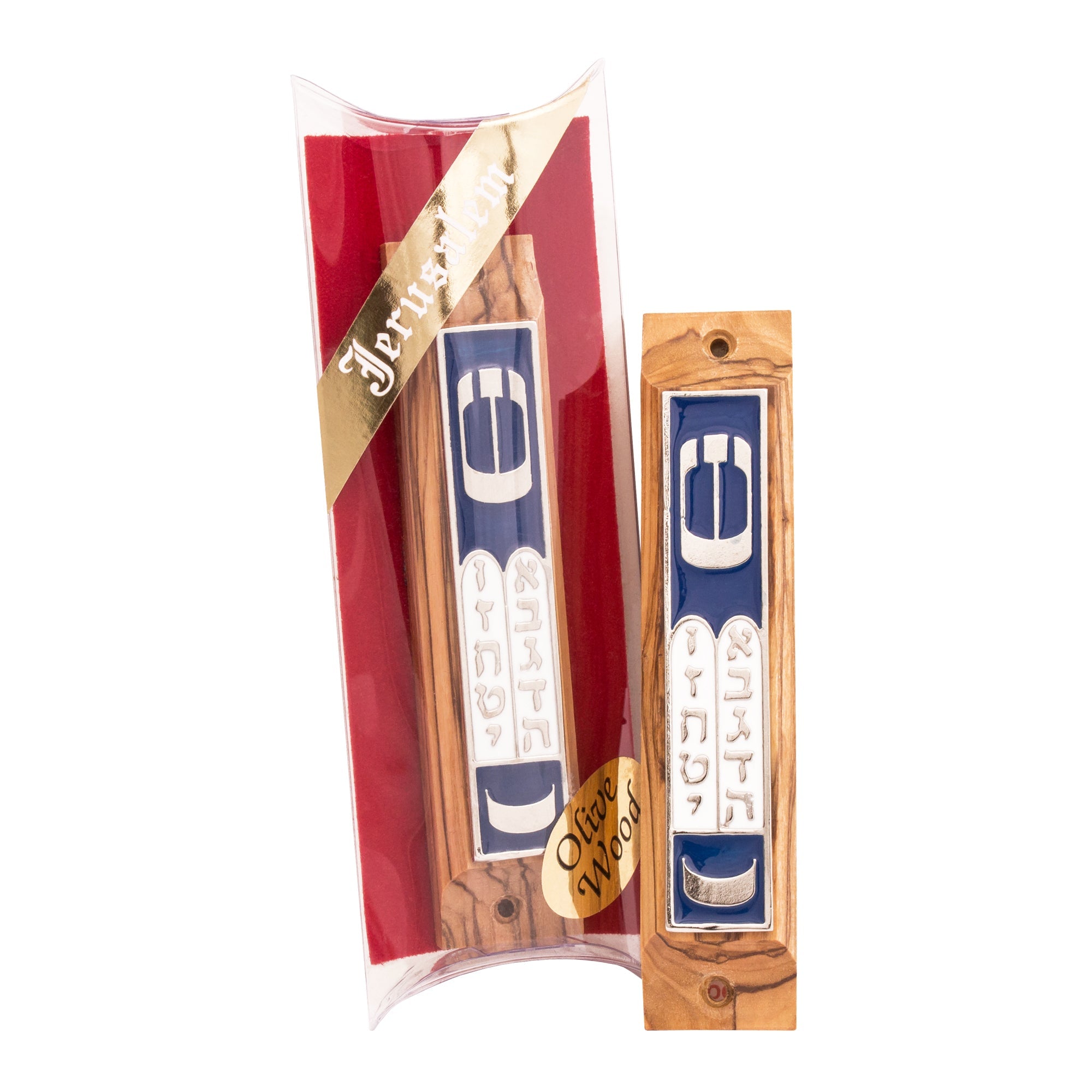 Olive Wood Mezuzah with Enamel Shin – Shema Israel Door Mezuzah - SeasideSPA