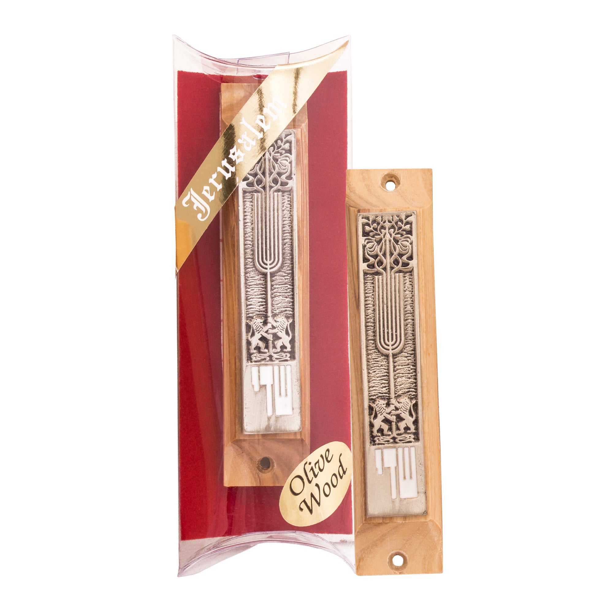 Olive Wood Mezuzah with Lions & Menorah – Shema Israel Door Mezuzah - SeasideSPA