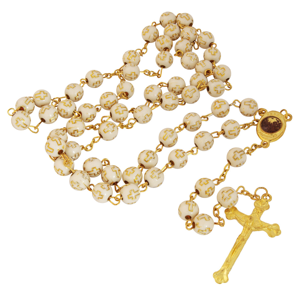 Gold Plated Rosary Beads with Cross & Holy Soil from Jerusalem - SeasideSPA